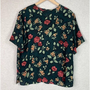 Vintage Quo-Silk Womens Dark Floral 100% Silk Top Size L Fairy Office Career